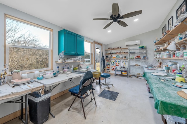 office with a wall unit AC, ceiling fan, and lofted ceiling