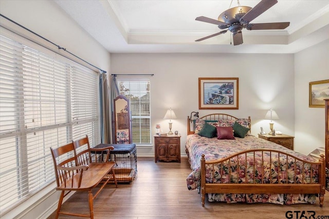 bedroom with a tray ceiling, ceiling fan, crown molding, and dark wood-type flooring