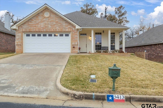 view of front of house featuring a front lawn, a porch, and a garage