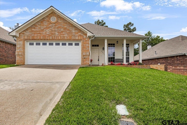 3413 Iberville Dr, Tyler, TX 75701 - ranch-style home with a garage, covered porch, a front yard, brick siding, and driveway