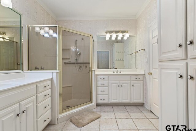 1213 Parkview Dr, Tyler, TX 75703 - full bathroom featuring tile patterned flooring, wallpapered walls, ornamental molding, a stall shower, and vanity