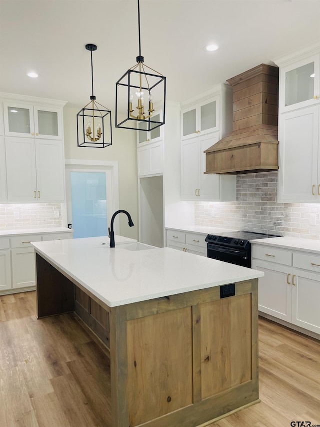 kitchen with white cabinetry, premium range hood, and a kitchen island with sink