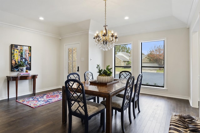 dining space with a notable chandelier, baseboards, dark wood-type flooring, and recessed lighting