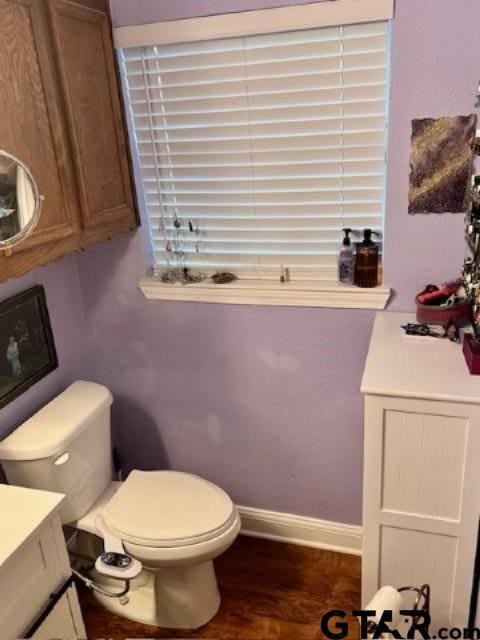 bathroom featuring vanity, toilet, and wood-type flooring