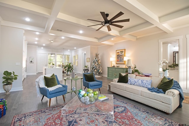 living room with coffered ceiling, crown molding, dark hardwood / wood-style flooring, beamed ceiling, and ceiling fan