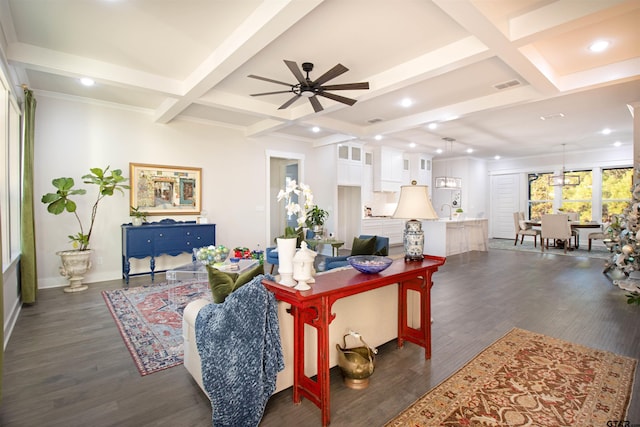 living room with coffered ceiling, sink, dark hardwood / wood-style floors, ceiling fan, and beam ceiling