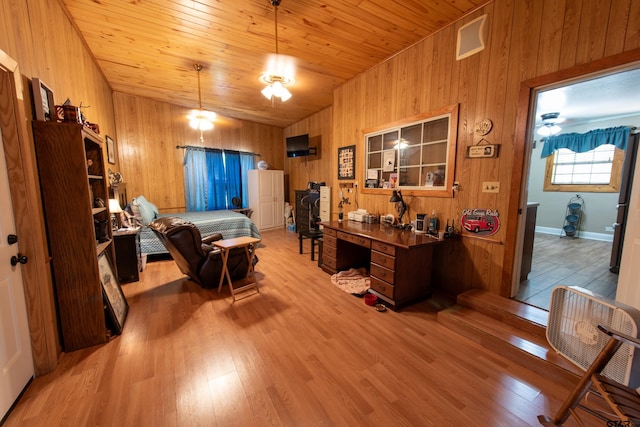 interior space featuring light wood-type flooring, wooden walls, and wooden ceiling