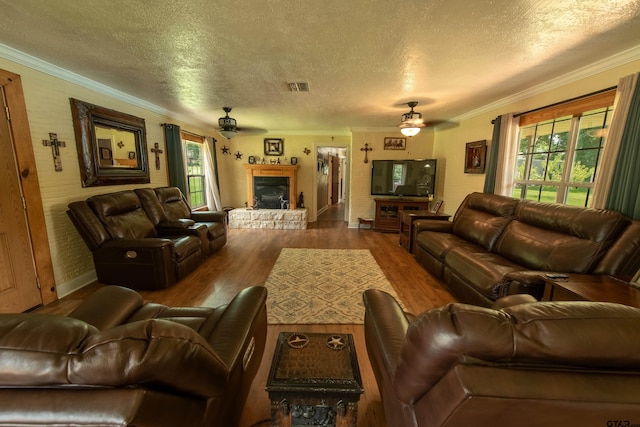 living room with a stone fireplace, a textured ceiling, wood-type flooring, and plenty of natural light