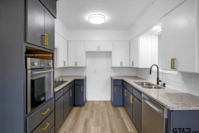 kitchen featuring appliances with stainless steel finishes, tasteful backsplash, a sink, white cabinets, and light wood-style flooring