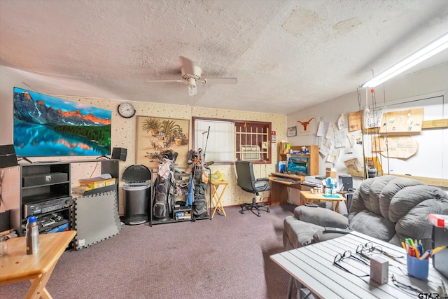 12411 Drifting Winds Dr, Houston, TX 77044 - living area featuring a textured ceiling, carpet floors, and ceiling fan