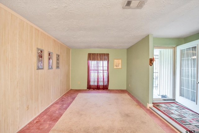 12411 Drifting Winds Dr, Houston, TX 77044 - unfurnished room with plenty of natural light, carpet, wood walls, and a textured ceiling
