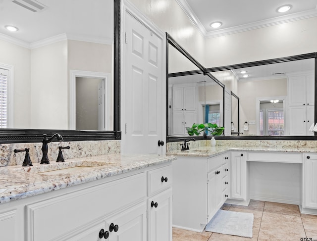 bathroom with vanity, tile patterned floors, and crown molding