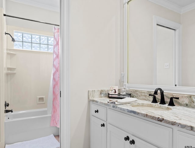 bathroom featuring ornamental molding, vanity, and shower / bathtub combination with curtain