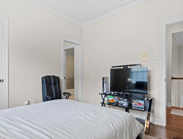 bedroom featuring dark wood-type flooring and crown molding