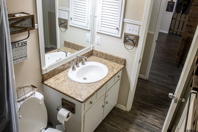 bathroom featuring toilet, vanity, and hardwood / wood-style flooring