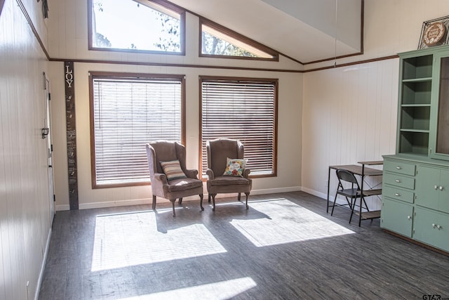 living area featuring wooden walls, high vaulted ceiling, and dark hardwood / wood-style flooring