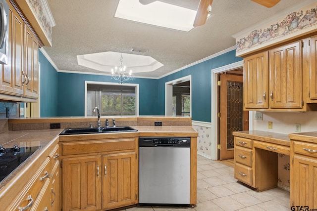 kitchen featuring a textured ceiling, a chandelier, black stovetop, stainless steel dishwasher, and crown molding