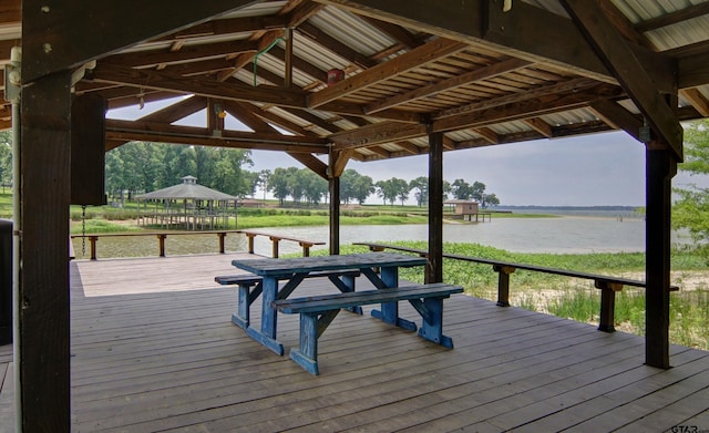 dock area featuring a gazebo and a water view