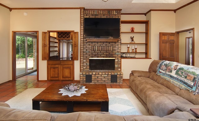 tiled living room with crown molding, a textured ceiling, and a brick fireplace