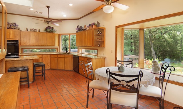 kitchen with black appliances, a healthy amount of sunlight, crown molding, and sink