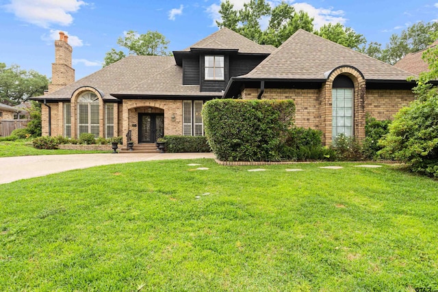 6307 Shady Oaks Dr, Tyler, TX 75703 - french country inspired facade with brick siding, a front yard, french doors, and a shingled roof