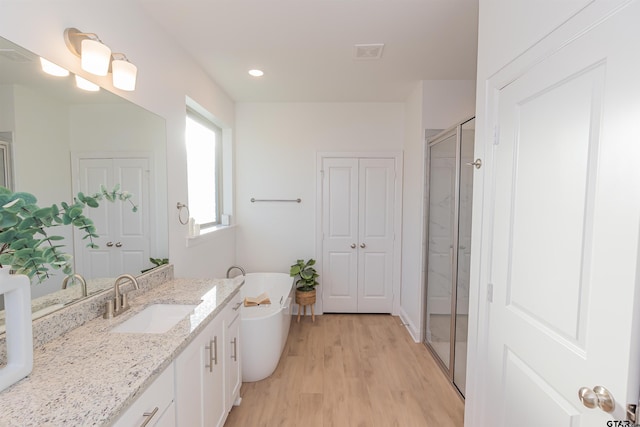 bathroom with vanity, hardwood / wood-style flooring, and plus walk in shower