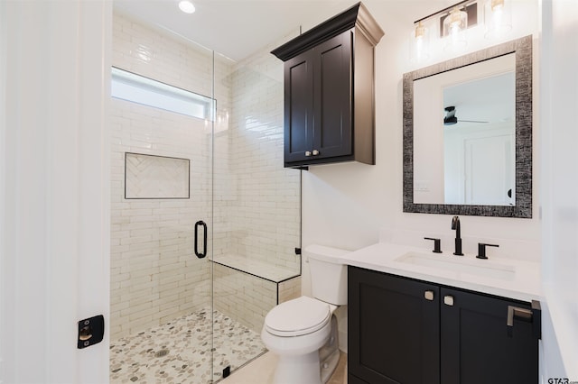 bathroom featuring vanity, a stall shower, and toilet