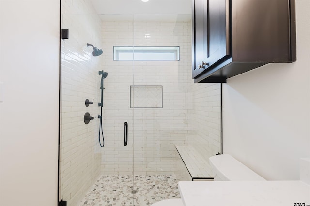 bathroom with vanity, toilet, and a stall shower
