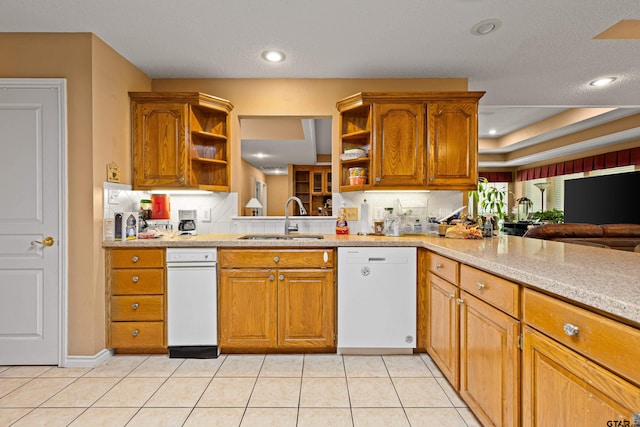 177 Paint Rock Pt, Holly Lake Ranch, TX 75765 - kitchen featuring open shelves, brown cabinetry, a sink, and dishwasher
