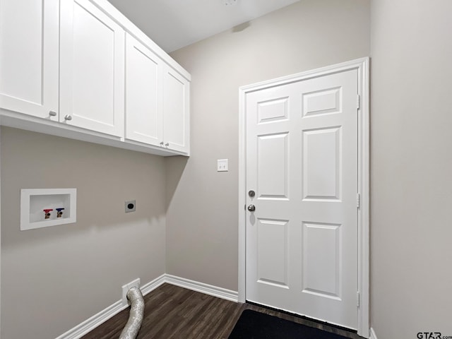 laundry room featuring dark wood-type flooring, cabinets, washer hookup, and hookup for an electric dryer