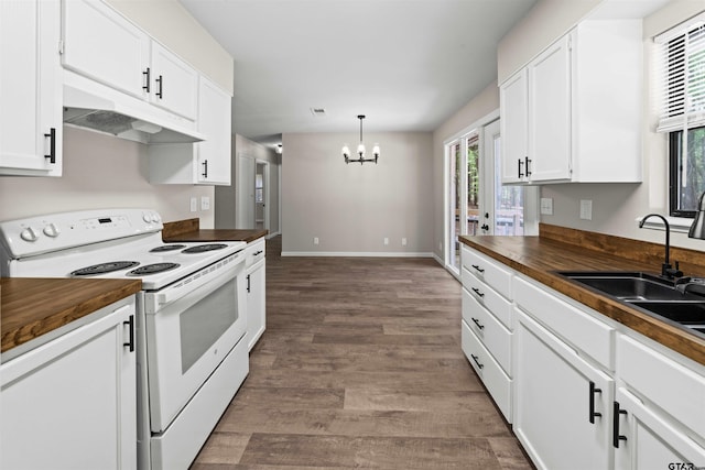 kitchen with white cabinetry, butcher block counters, and white electric stove