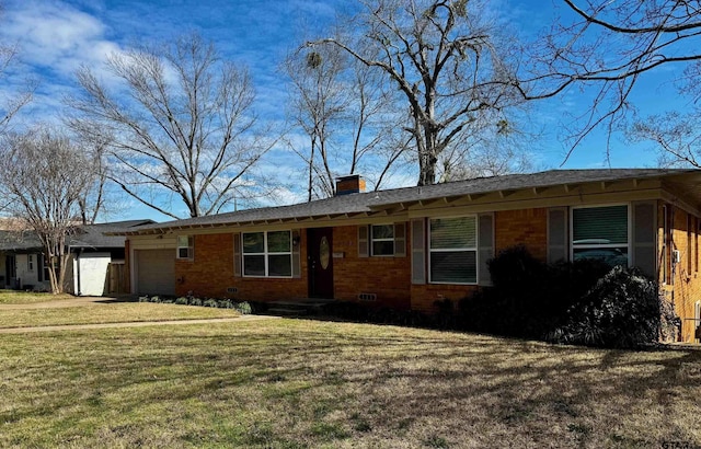 single story home with brick siding, a chimney, crawl space, a garage, and a front lawn