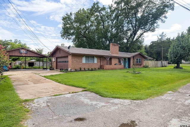 ranch-style house with a garage, a carport, and a front yard