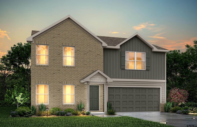 206 Parker Oaks Ct, Chandler, TX 75758 - view of front of property with a garage, driveway, board and batten siding, and brick siding