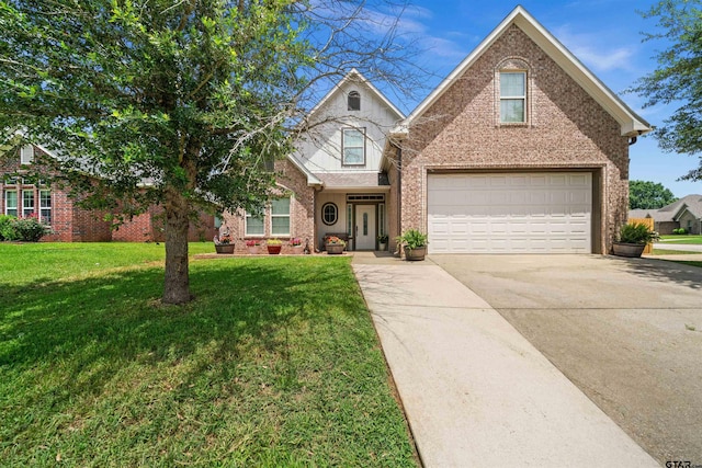 view of property featuring a garage and a front lawn