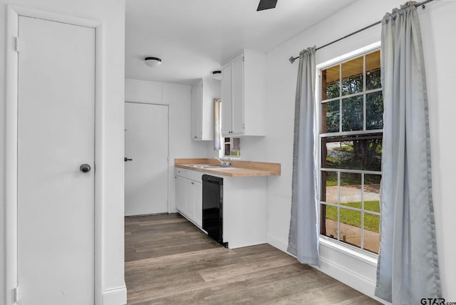 1523 Austin Dr, Tyler, TX 75701 - kitchen featuring light countertops, black dishwasher, white cabinets, wood finished floors, and healthy amount of natural light