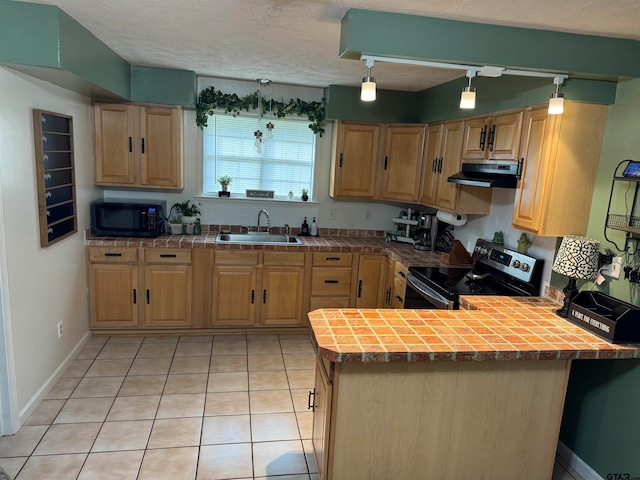 kitchen with black appliances, kitchen peninsula, sink, and exhaust hood