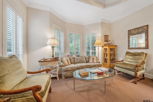 4831 Barclay Dr, Tyler, TX 75703 - living area with carpet flooring, plenty of natural light, baseboards, and crown molding