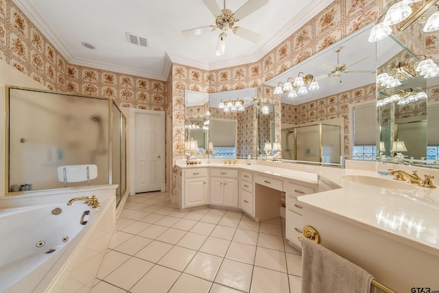 4831 Barclay Dr, Tyler, TX 75703 - full bathroom with crown molding, wallpapered walls, a shower stall, a ceiling fan, and a whirlpool tub