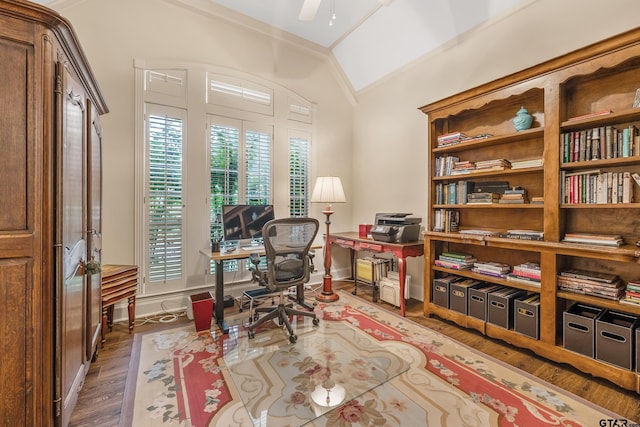 4831 Barclay Dr, Tyler, TX 75703 - office area with wood finished floors, lofted ceiling, ceiling fan, and baseboards