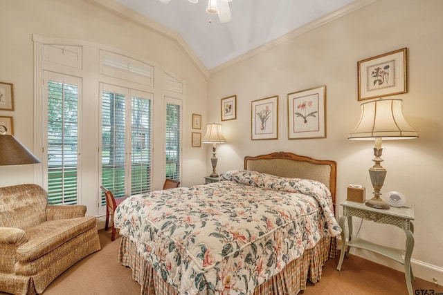 4831 Barclay Dr, Tyler, TX 75703 - bedroom featuring carpet flooring, lofted ceiling, crown molding, ceiling fan, and baseboards