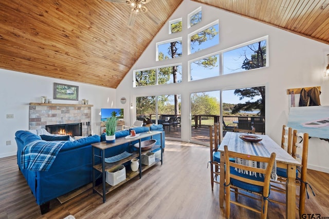 living room with ceiling fan, high vaulted ceiling, wood ceiling, and hardwood / wood-style flooring