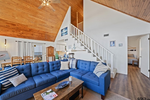 living room featuring ceiling fan, dark hardwood / wood-style flooring, high vaulted ceiling, and wooden ceiling