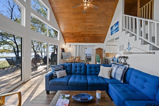 living room featuring a wealth of natural light, high vaulted ceiling, and hardwood / wood-style flooring