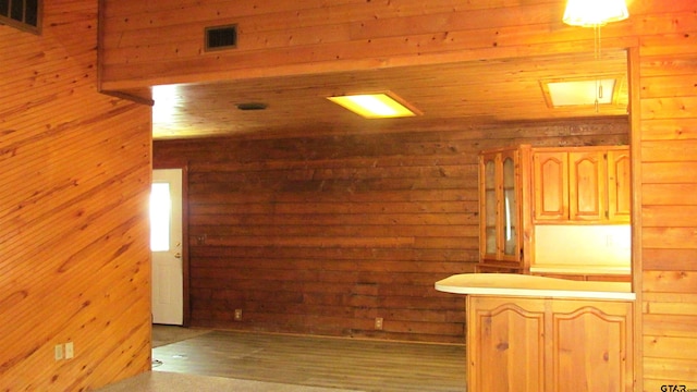 kitchen with hardwood / wood-style flooring and wood walls