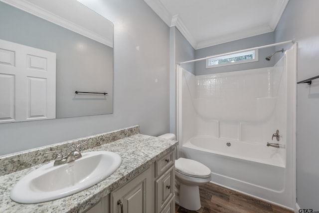 full bathroom with crown molding, wood-type flooring,  shower combination, toilet, and vanity