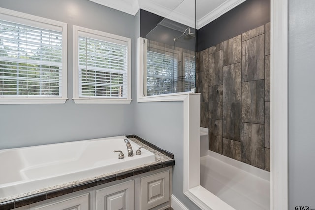 bathroom featuring independent shower and bath and ornamental molding