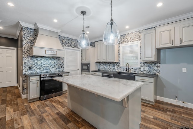 kitchen featuring pendant lighting, premium range hood, sink, dark hardwood / wood-style flooring, and stainless steel appliances