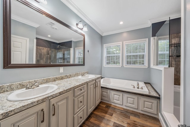 bathroom with hardwood / wood-style flooring, vanity, ornamental molding, and a wealth of natural light