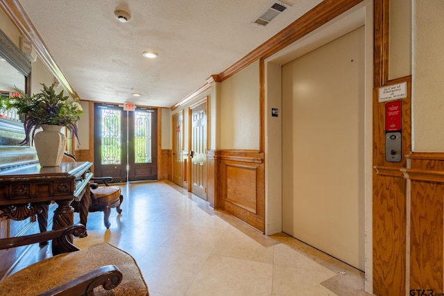 3363 Cascades Blvd, Tyler, TX 75709 - corridor with elevator, ornamental molding, wainscoting, and recessed lighting